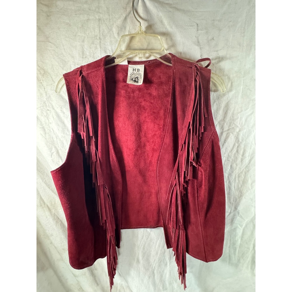 Vintage HB Made in USA Burgundy Suede Leather Fringe Vest Western Boho Red